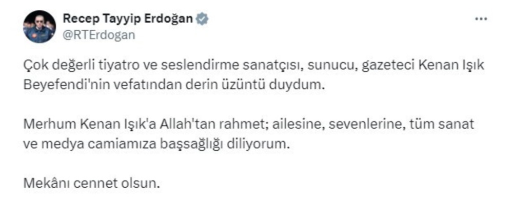 cumhurbaskani erdogan dan kenan isik a bassagligi mesaji